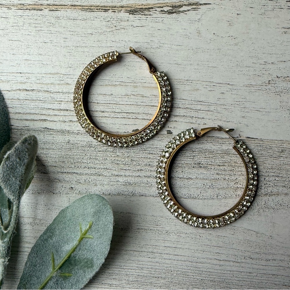 Vintage Pave Rhinestone Pierced Goldtone Hoop Earrings
